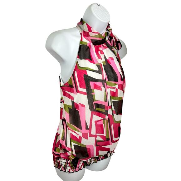 Heart Soul Sleeveless Blouse Sz Small Colorful Smocked Waist Neck Tie Top Lined - Picture 2 of 7